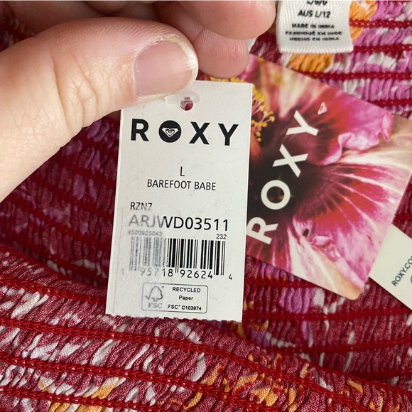 NEW Roxy Barefoot Bade Smocked Romper Large Red Pink Orange Hibiscus Floral - Picture 9 of 13